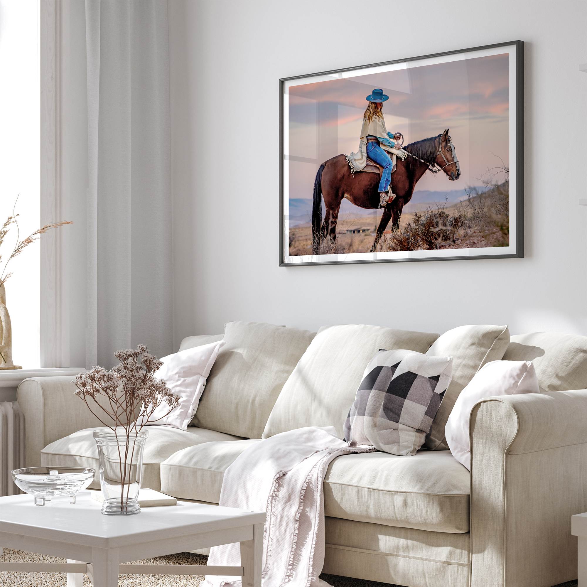 Cowgirl on horseback at sunset in desert landscape – rustic western wall decor print