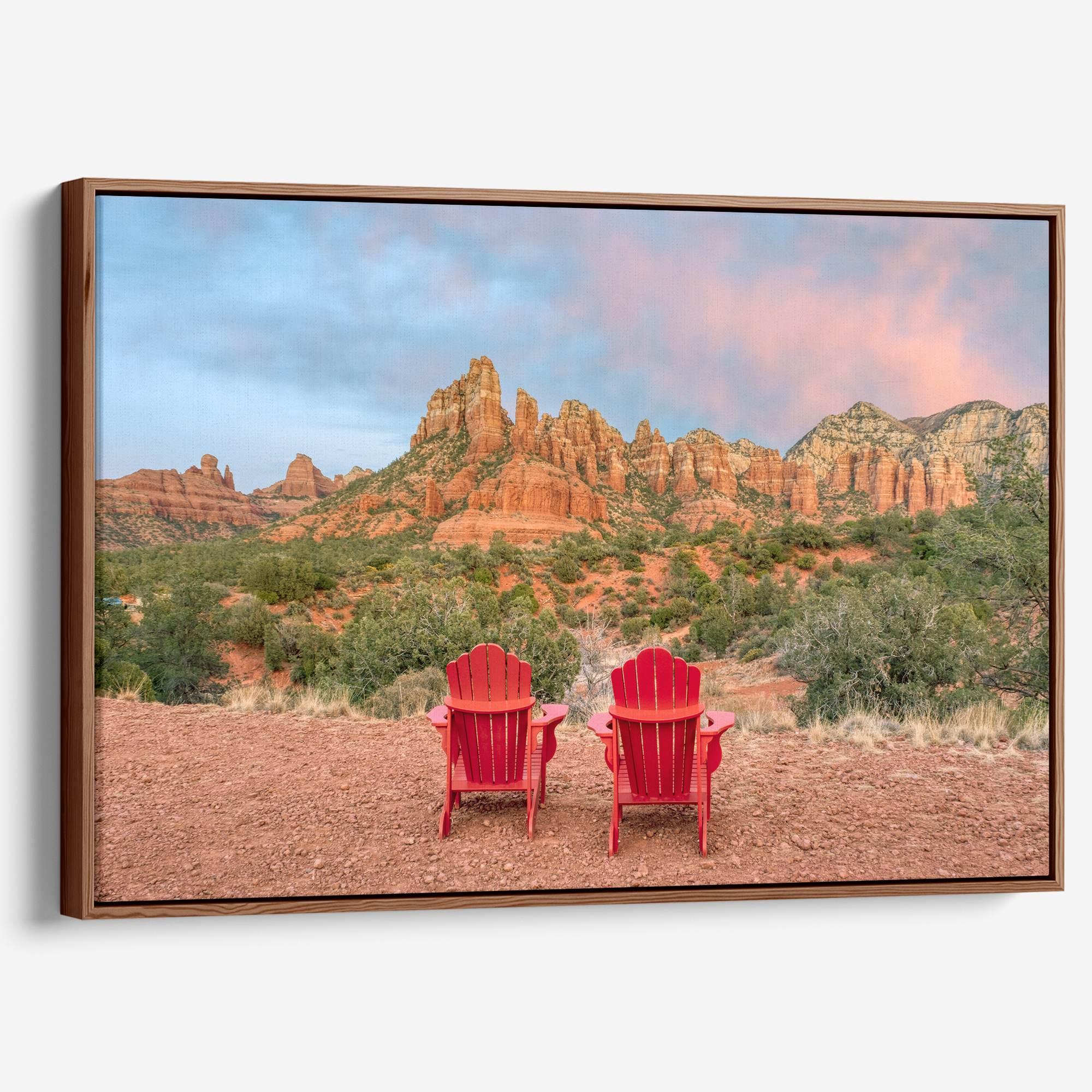 Framed or stretched canvas print of two red chairs facing desert mountains at sunset in Sedona, Arizona – fine art landscape