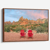 Framed or stretched canvas print of two red chairs facing desert mountains at sunset in Sedona, Arizona – fine art landscape
