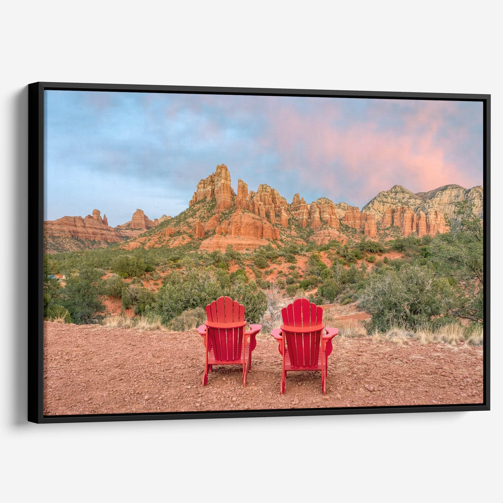 Framed or stretched canvas print of two red chairs facing desert mountains at sunset in Sedona, Arizona – fine art landscape