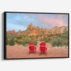 Framed or stretched canvas print of two red chairs facing desert mountains at sunset in Sedona, Arizona – fine art landscape