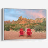 Framed or stretched canvas print of two red chairs facing desert mountains at sunset in Sedona, Arizona – fine art landscape