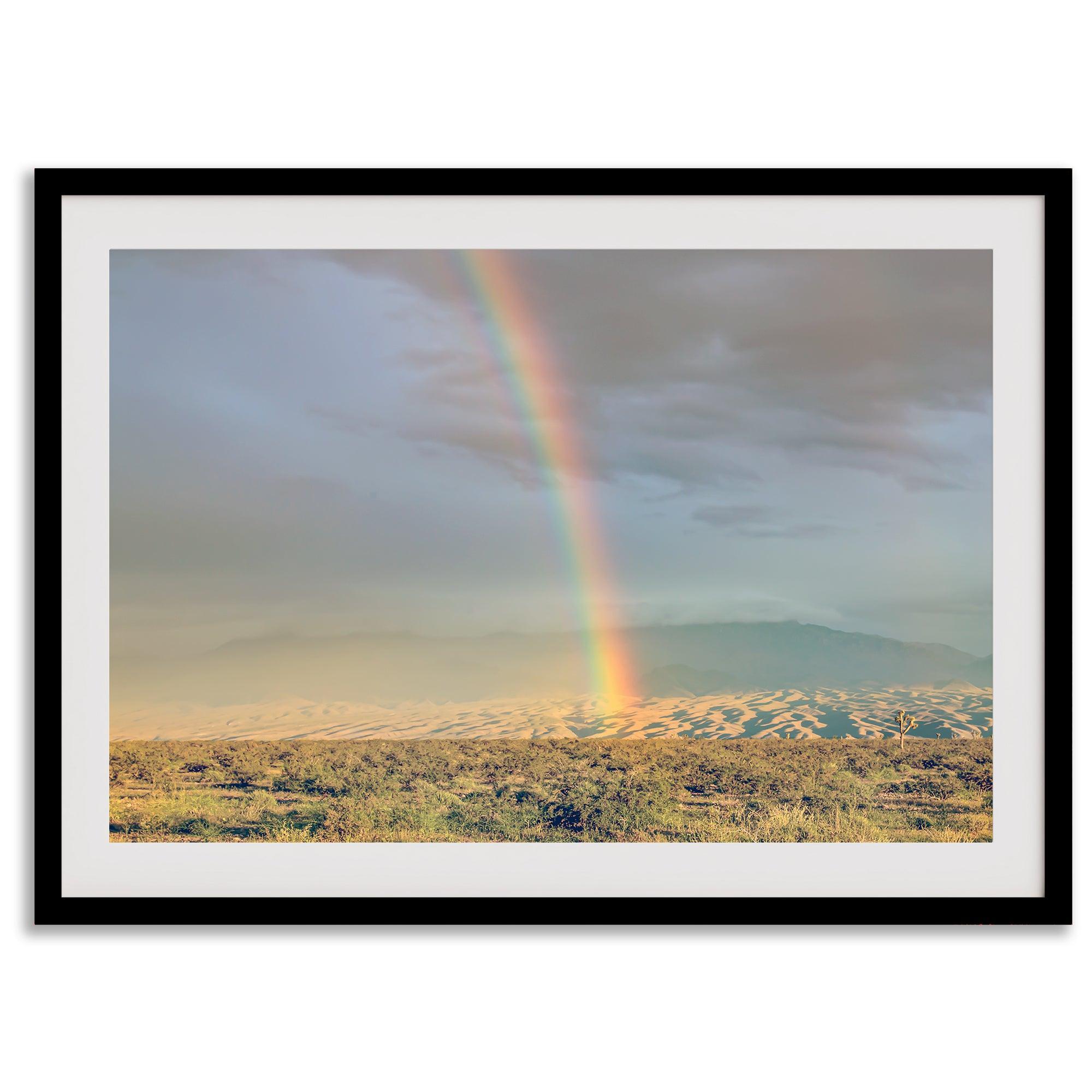 Desert landscape artwork of a rainbow over Arizona sand dunes with distant mountains