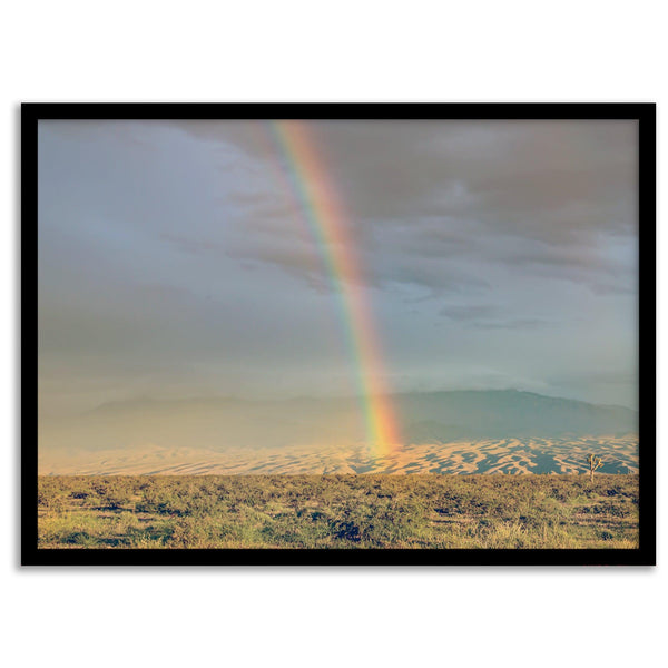 Desert landscape artwork of a rainbow over Arizona sand dunes with distant mountains