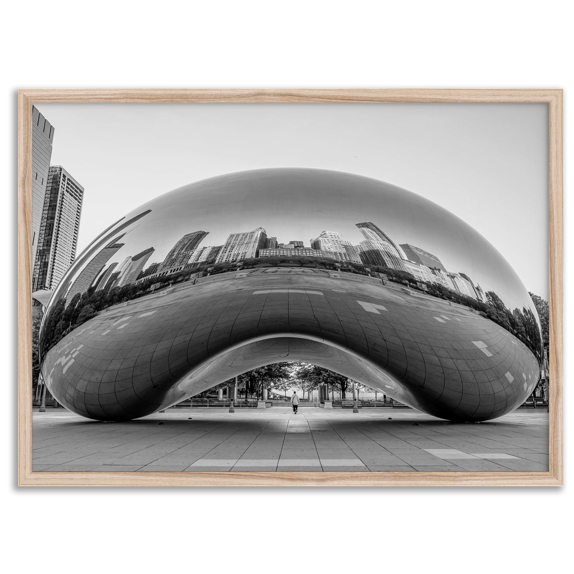 Black-and-white Chicago wall art of the Cloud Gate sculpture reflecting the city’s skyline.