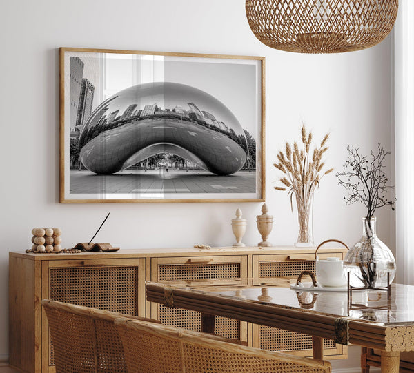 Black-and-white Chicago wall art of the Cloud Gate sculpture reflecting the city’s skyline.