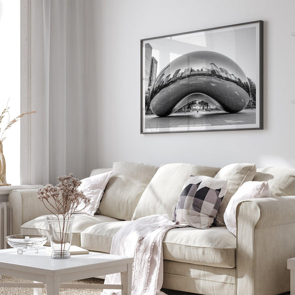 Black-and-white Chicago wall art of the Cloud Gate sculpture reflecting the city’s skyline.