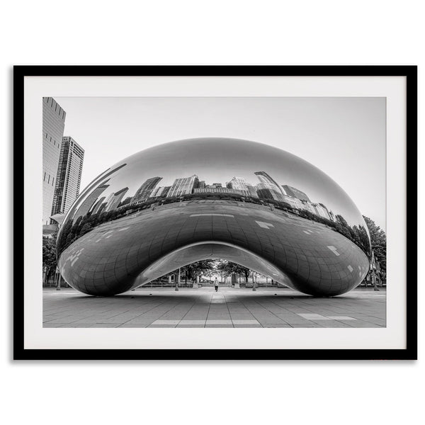 Black-and-white Chicago wall art of the Cloud Gate sculpture reflecting the city’s skyline.