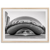 Black-and-white Chicago wall art of the Cloud Gate sculpture reflecting the city’s skyline.