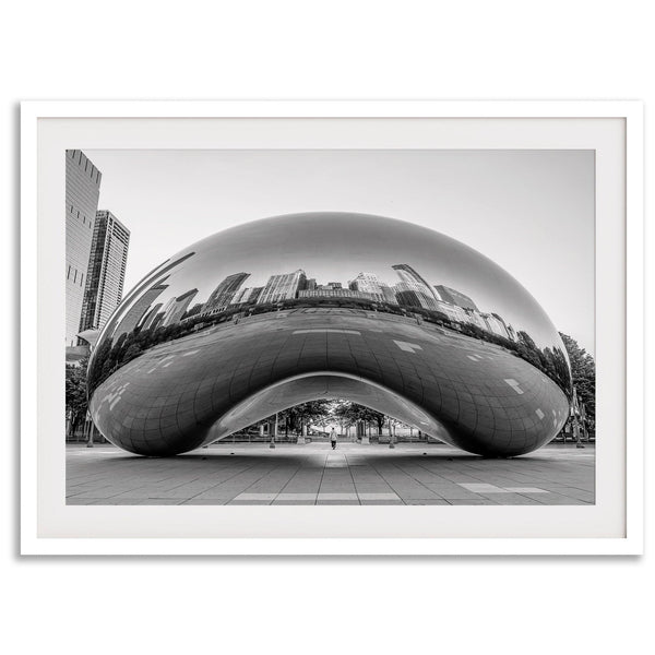 Black-and-white Chicago wall art of the Cloud Gate sculpture reflecting the city’s skyline
