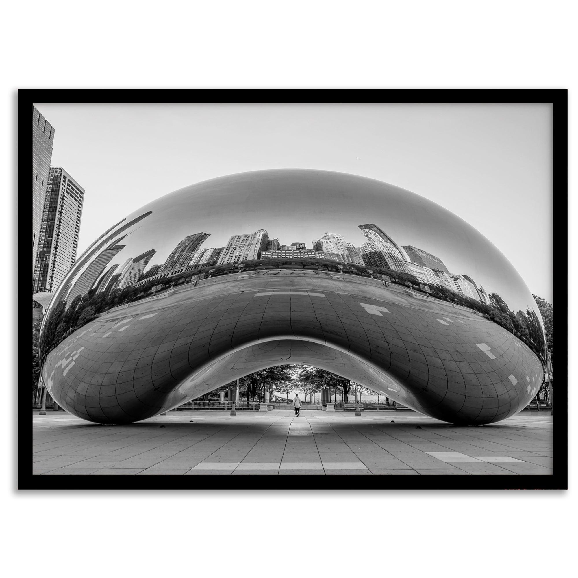 Black-and-white Chicago wall art of the Cloud Gate sculpture reflecting the city’s skyline.