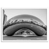 Black-and-white Chicago wall art of the Cloud Gate sculpture reflecting the city’s skyline.