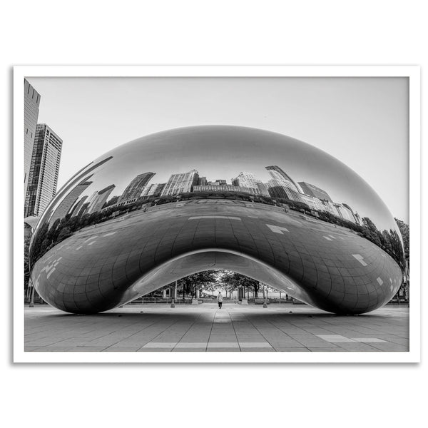 Black-and-white Chicago wall art of the Cloud Gate sculpture reflecting the city’s skyline.