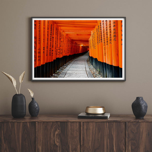 Framed photograph of the Fushimi Inari Torii Gates in Kyoto, Japan, showcasing vibrant vermilion gates.