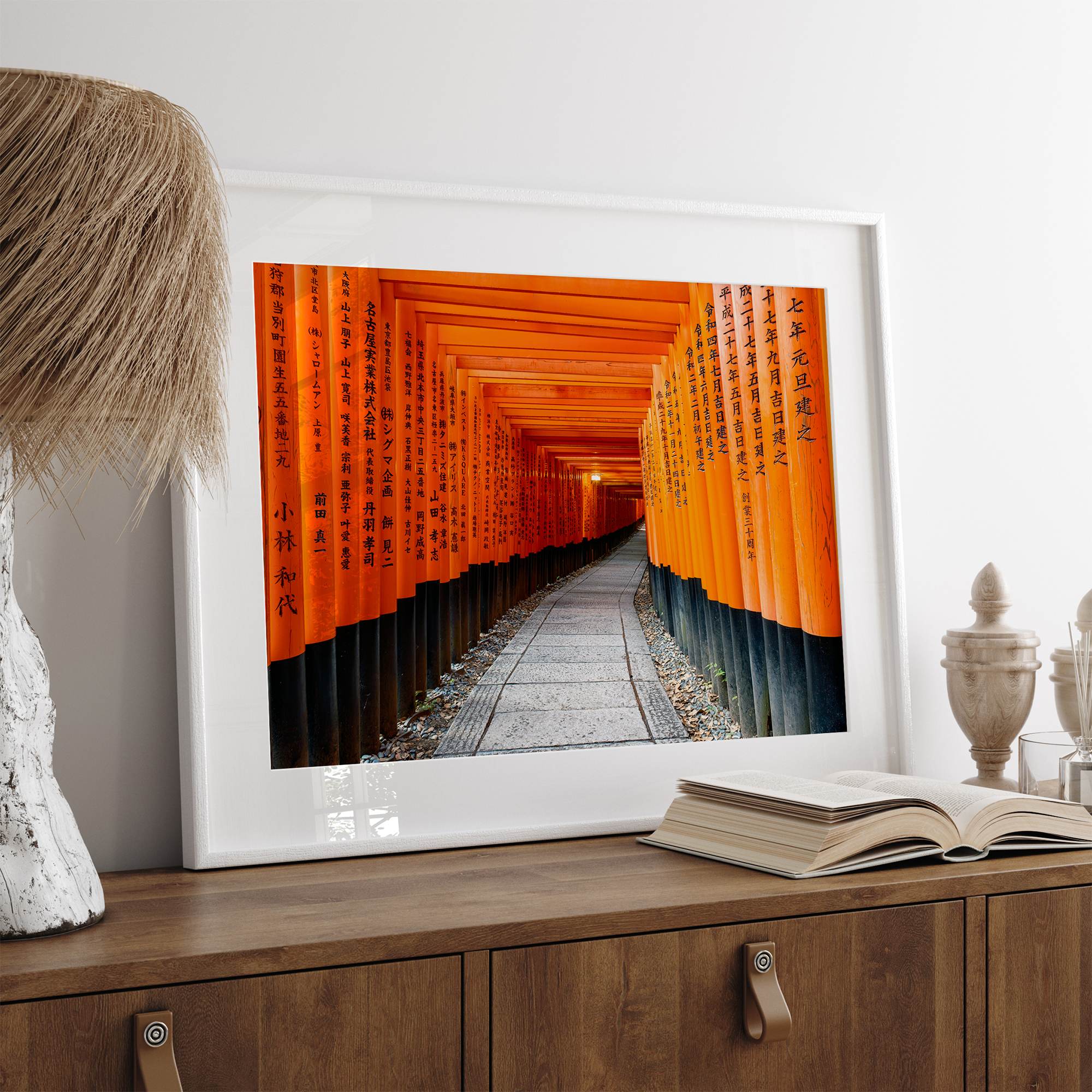 Framed photograph of the Fushimi Inari Torii Gates in Kyoto, Japan, showcasing vibrant vermilion gates.