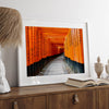 Framed photograph of the Fushimi Inari Torii Gates in Kyoto, Japan, showcasing vibrant vermilion gates.