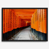 Framed photograph of the Fushimi Inari Torii Gates in Kyoto, Japan, showcasing vibrant vermilion gates.