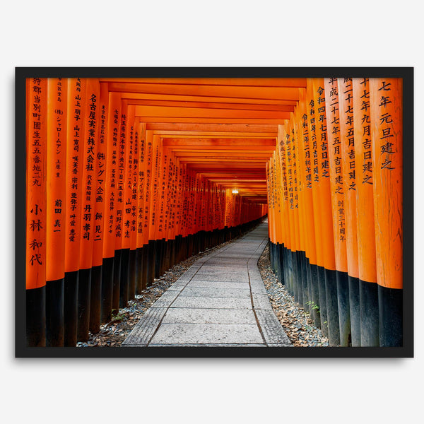 Framed photograph of the Fushimi Inari Torii Gates in Kyoto, Japan, showcasing vibrant vermilion gates.