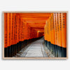 Framed photograph of the Fushimi Inari Torii Gates in Kyoto, Japan, showcasing vibrant vermilion gates.