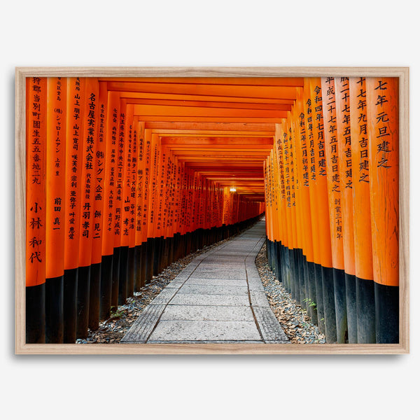 Framed photograph of the Fushimi Inari Torii Gates in Kyoto, Japan, showcasing vibrant vermilion gates.