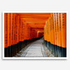 Framed photograph of the Fushimi Inari Torii Gates in Kyoto, Japan, showcasing vibrant vermilion gates.