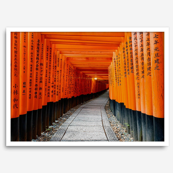 Framed photograph of the Fushimi Inari Torii Gates in Kyoto, Japan, showcasing vibrant vermilion gates.