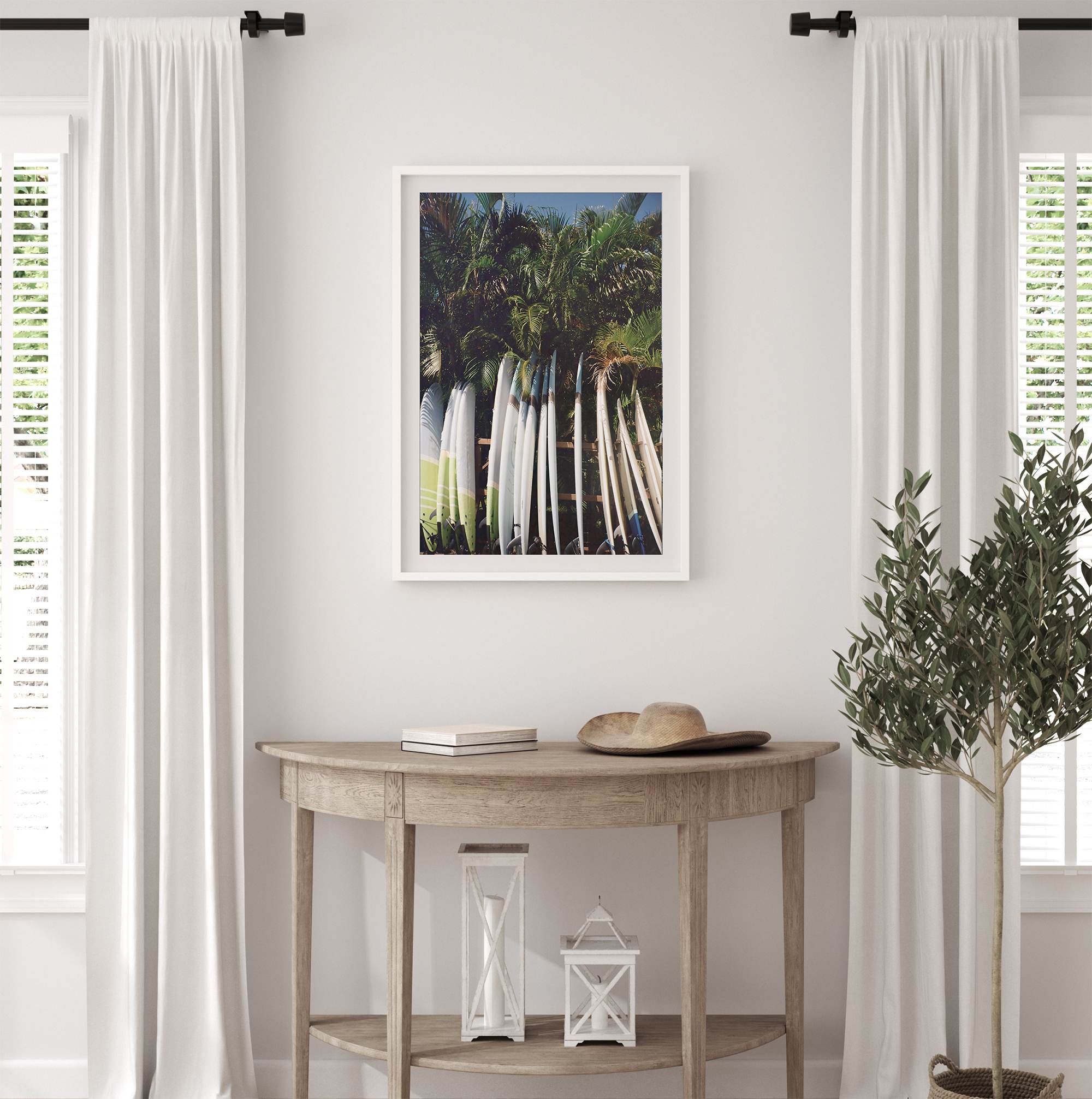 Rows of longboards under palm trees in Hawaii, tropical surfboard wall art photograph.