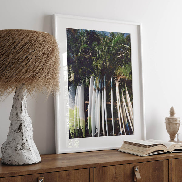 Rows of longboards under palm trees in Hawaii, tropical surfboard wall art photograph.