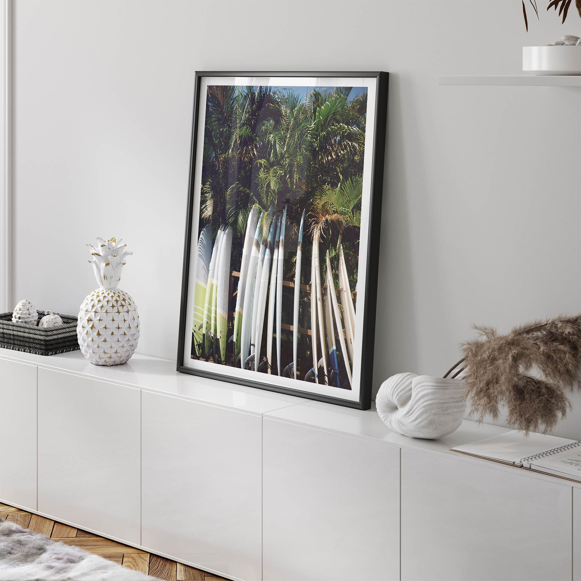 Rows of longboards under palm trees in Hawaii, tropical surfboard wall art photograph.