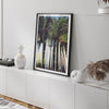 Rows of longboards under palm trees in Hawaii, tropical surfboard wall art photograph.