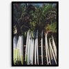 Rows of longboards under palm trees in Hawaii, tropical surfboard wall art photograph.