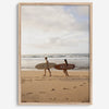 Framed surfers on beach art print featuring Hawaiian coastline and calm morning tones