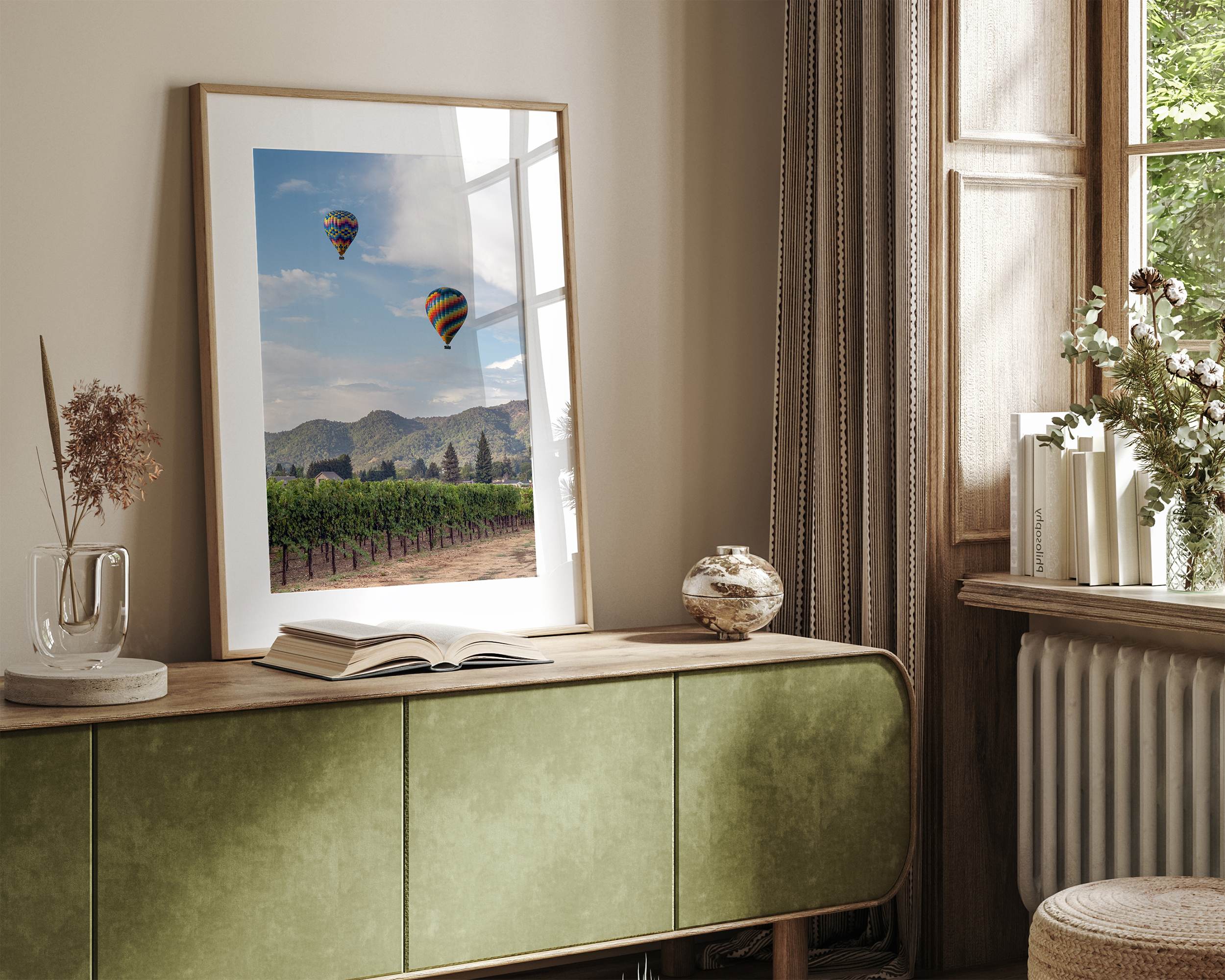 Fine art hot air balloon photography print above Napa Valley vineyards in Yountville.
