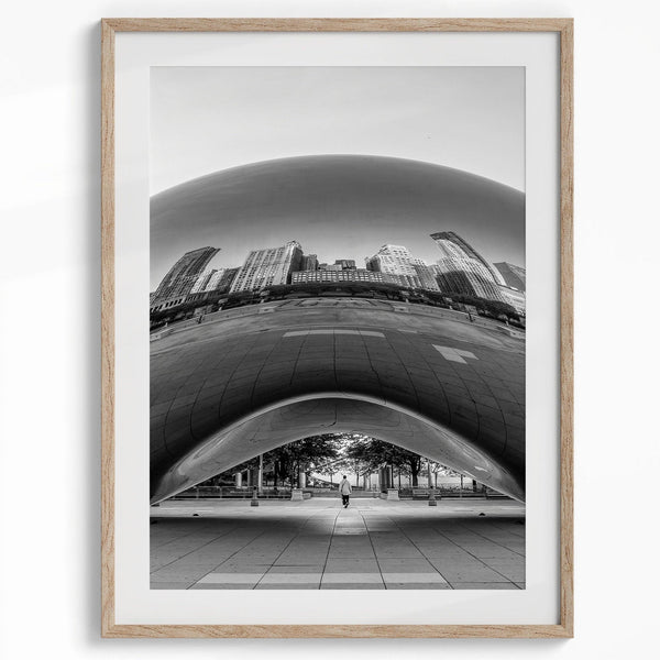 Black and white triptych of Chicago: People walking through iconic locations - Cloud Gate reflecting skyline, Civic Opera columns, rowing on Lincoln Park lagoon with Willis Tower in background.