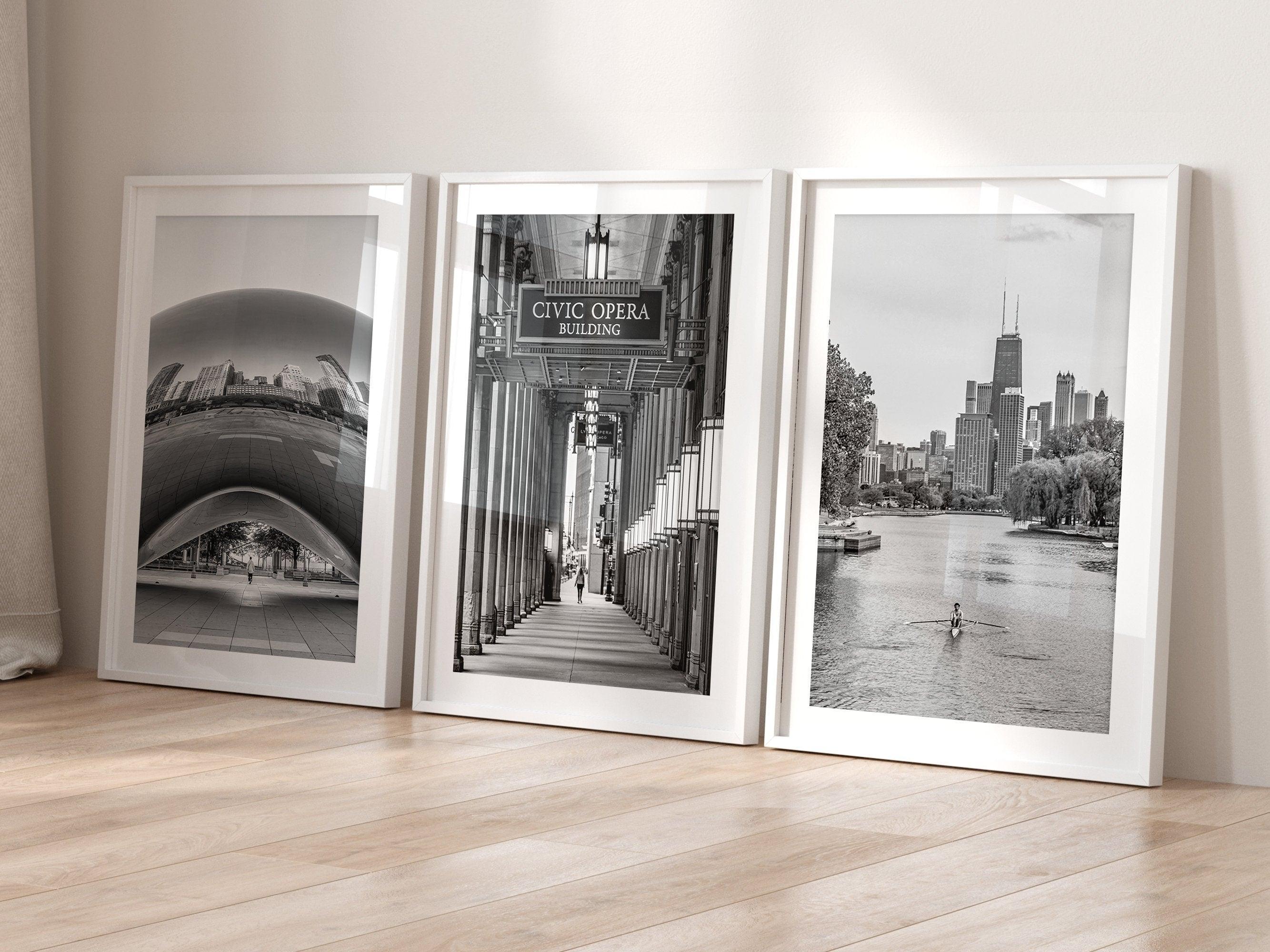 Black and white triptych of Chicago: People walking through iconic locations - Cloud Gate reflecting skyline, Civic Opera columns, rowing on Lincoln Park lagoon with Willis Tower in background.