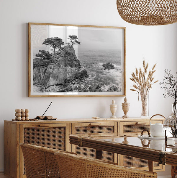 Lone Cypress Tree Coastal Wall Art - Monterey California Beach Print, Black and White Coastal Photography, Framed Ocean Art Wall Decor