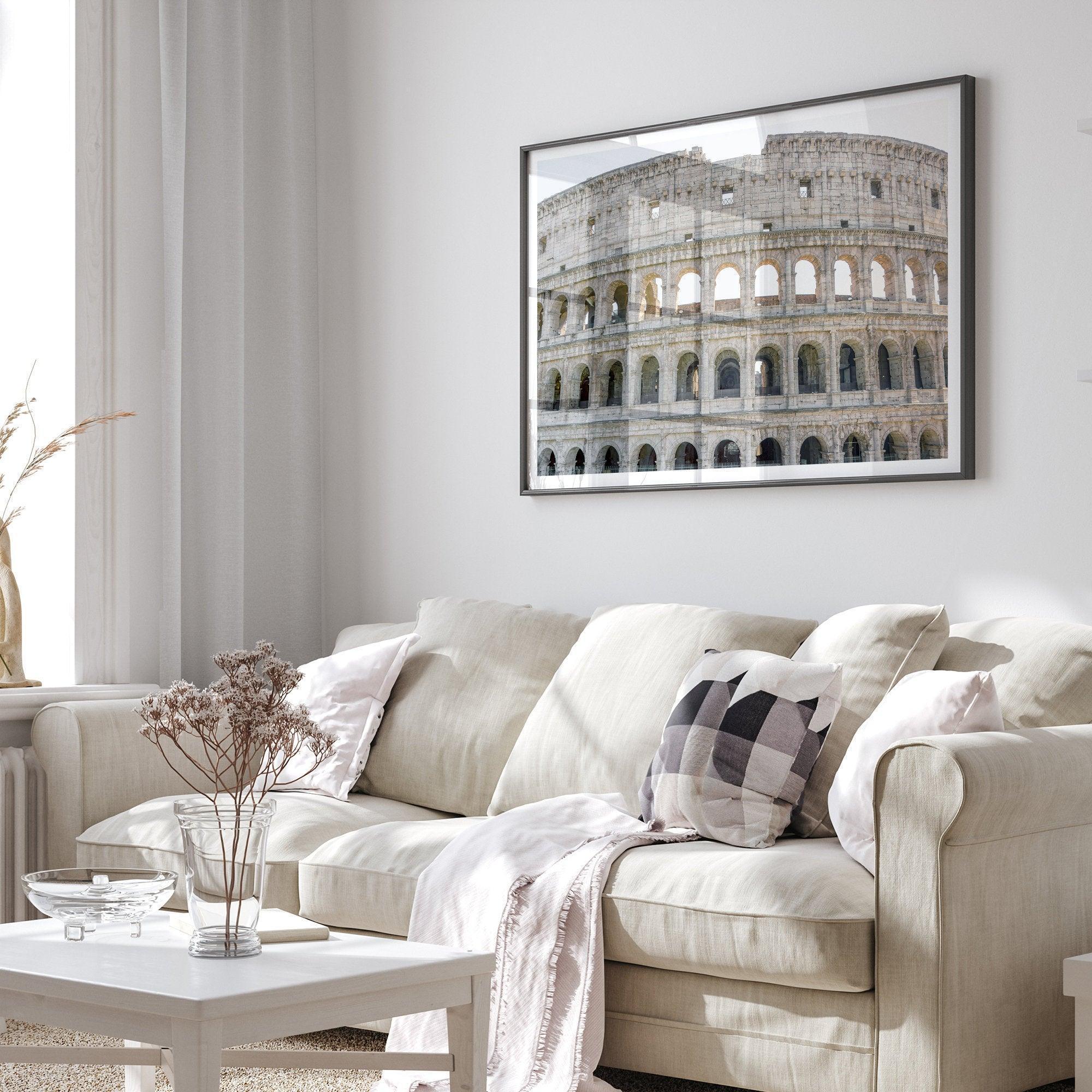 A fine art photography print showing a close-up photo of the Colosseum in Rome, Italy, highlighting the intricate details of its ancient architecture