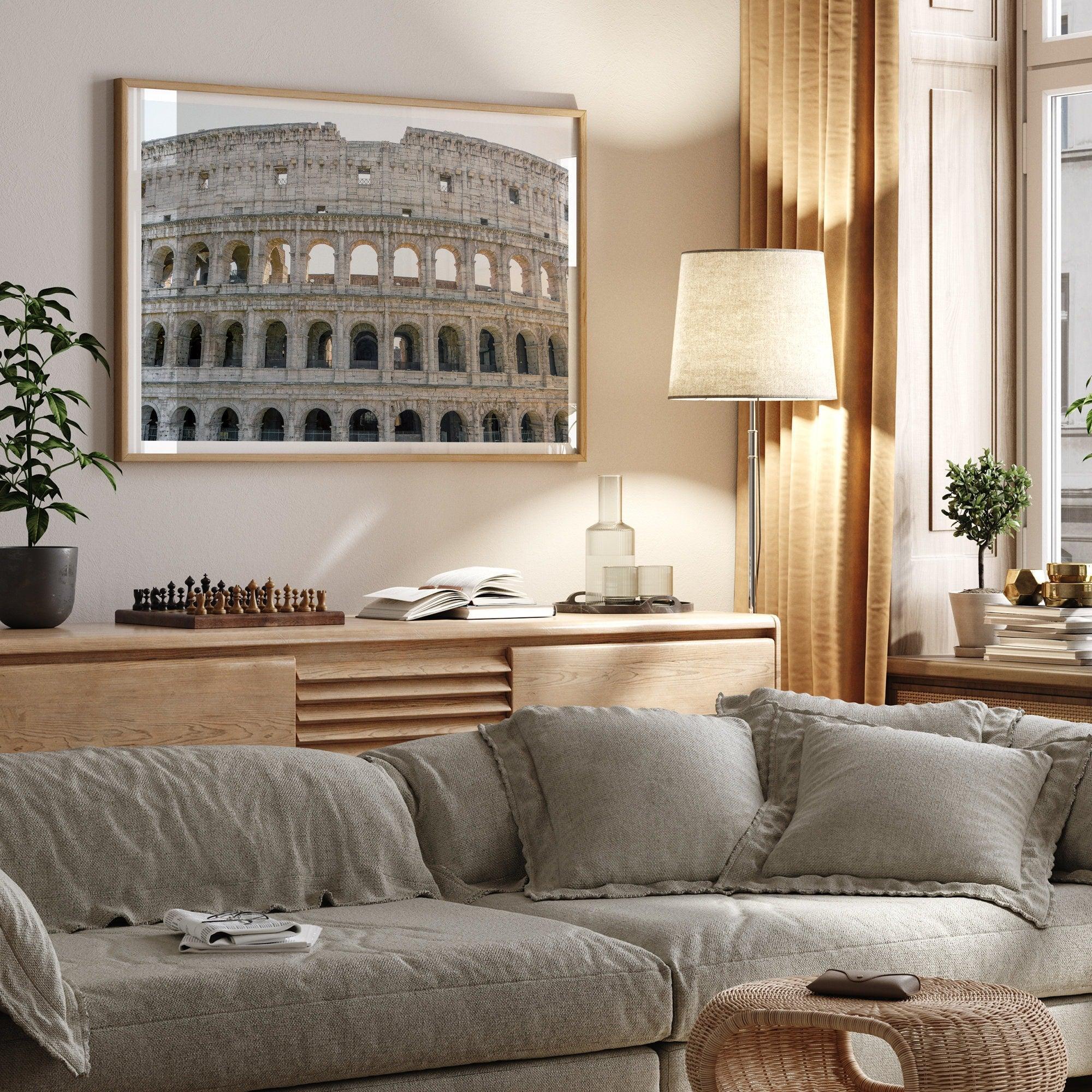 A fine art photography print showing a close-up photo of the Colosseum in Rome, Italy, highlighting the intricate details of its ancient architecture