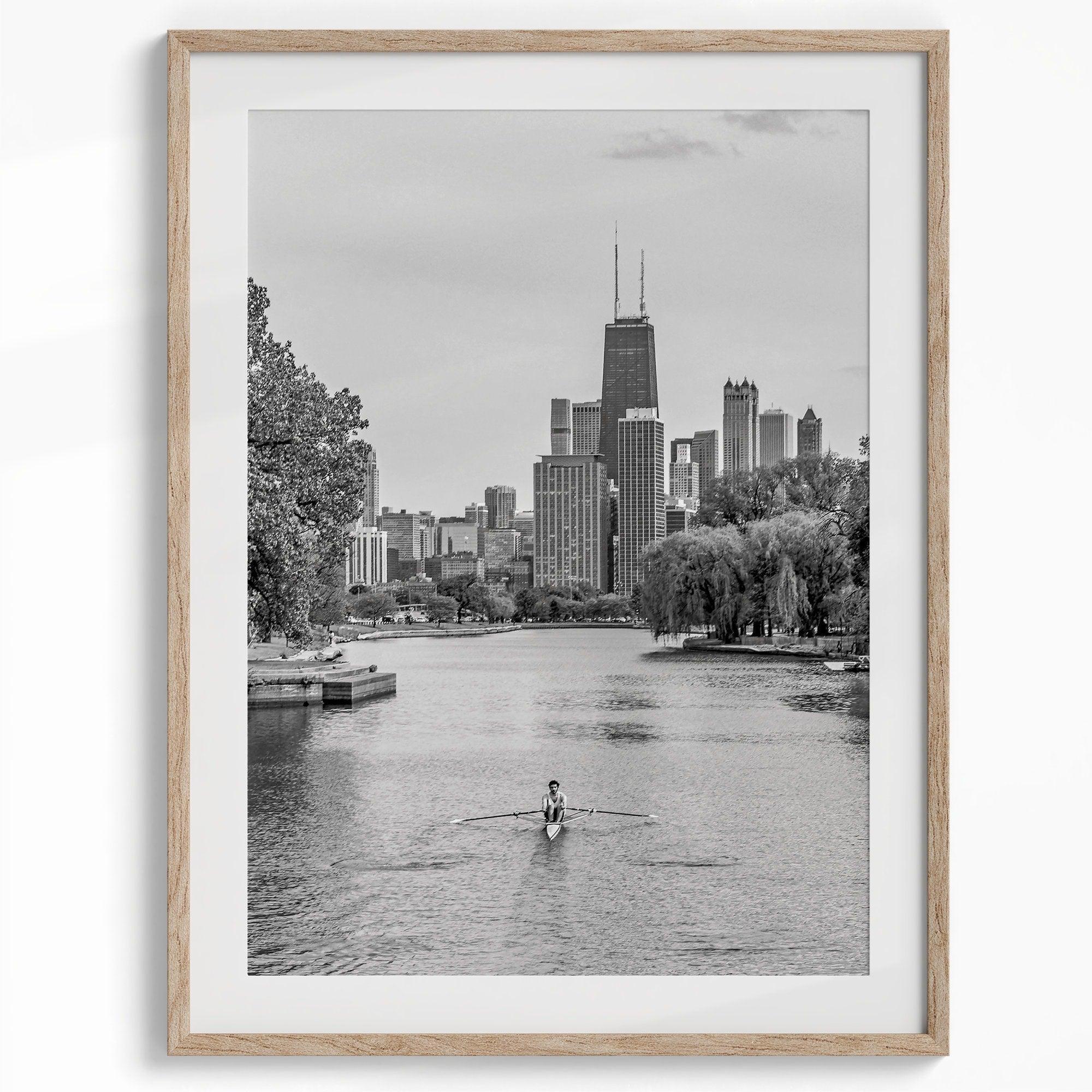 Black and white triptych of Chicago: People walking through iconic locations - Cloud Gate reflecting skyline, Civic Opera columns, rowing on Lincoln Park lagoon with Willis Tower in background.