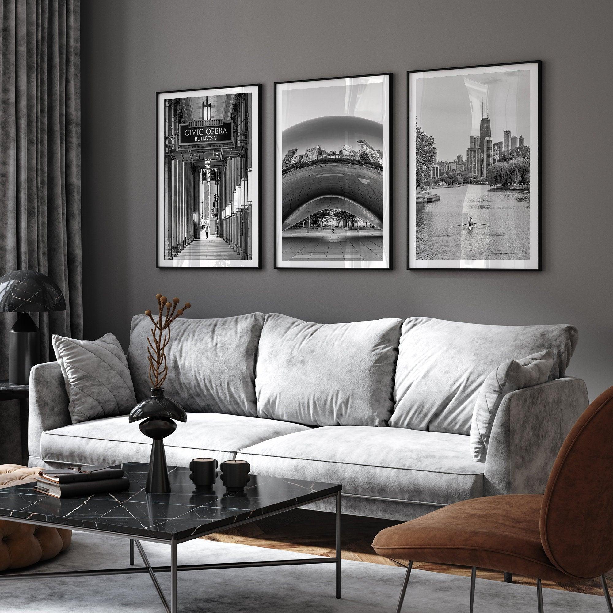 Chicago Black and White Wall Art Set of 3 Prints - Oversized 3 Piece Architecture Wall Art, Extra Large Framed Chicago Fine Art Photography