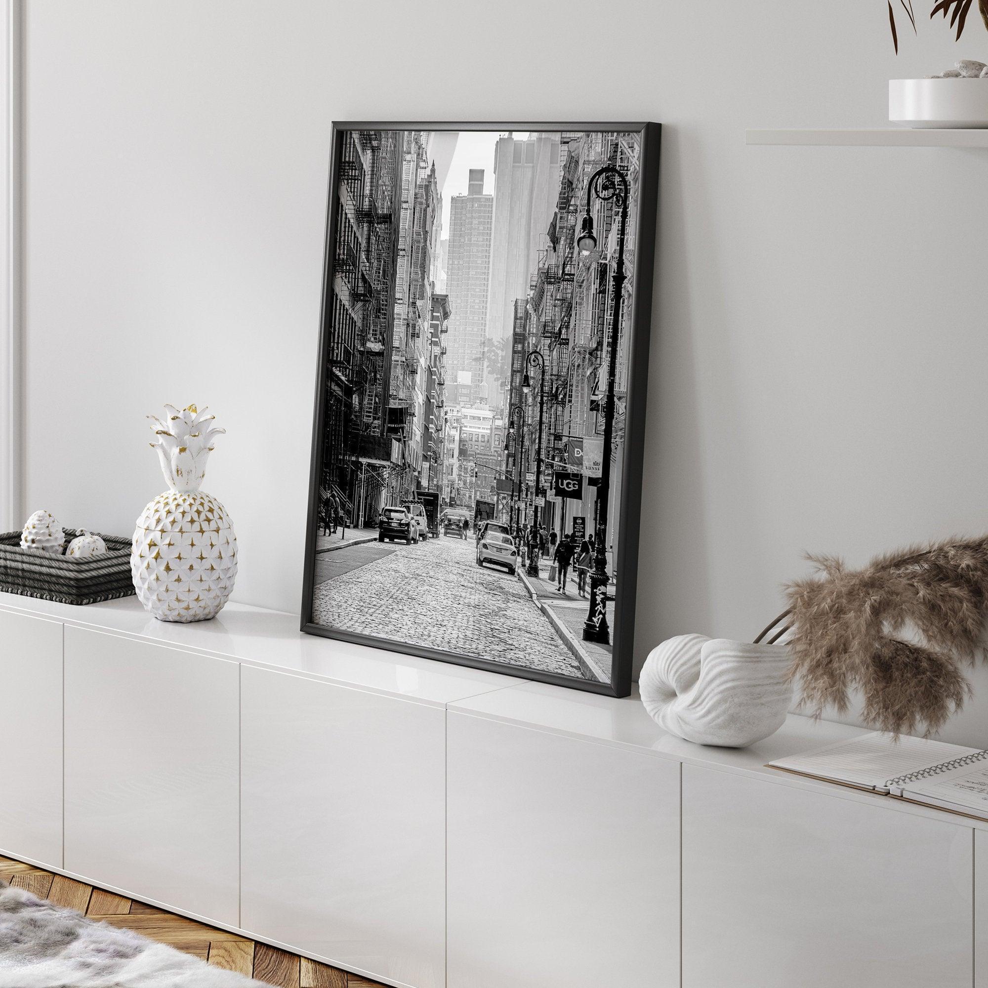 A fine art vertical photography print of a bustling NYC street with unique NYC architecture and fire escape stairs.