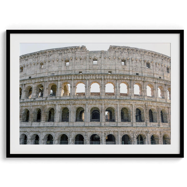 A fine art photography print showing a close-up photo of the Colosseum in Rome, Italy, highlighting the intricate details of its ancient architecture