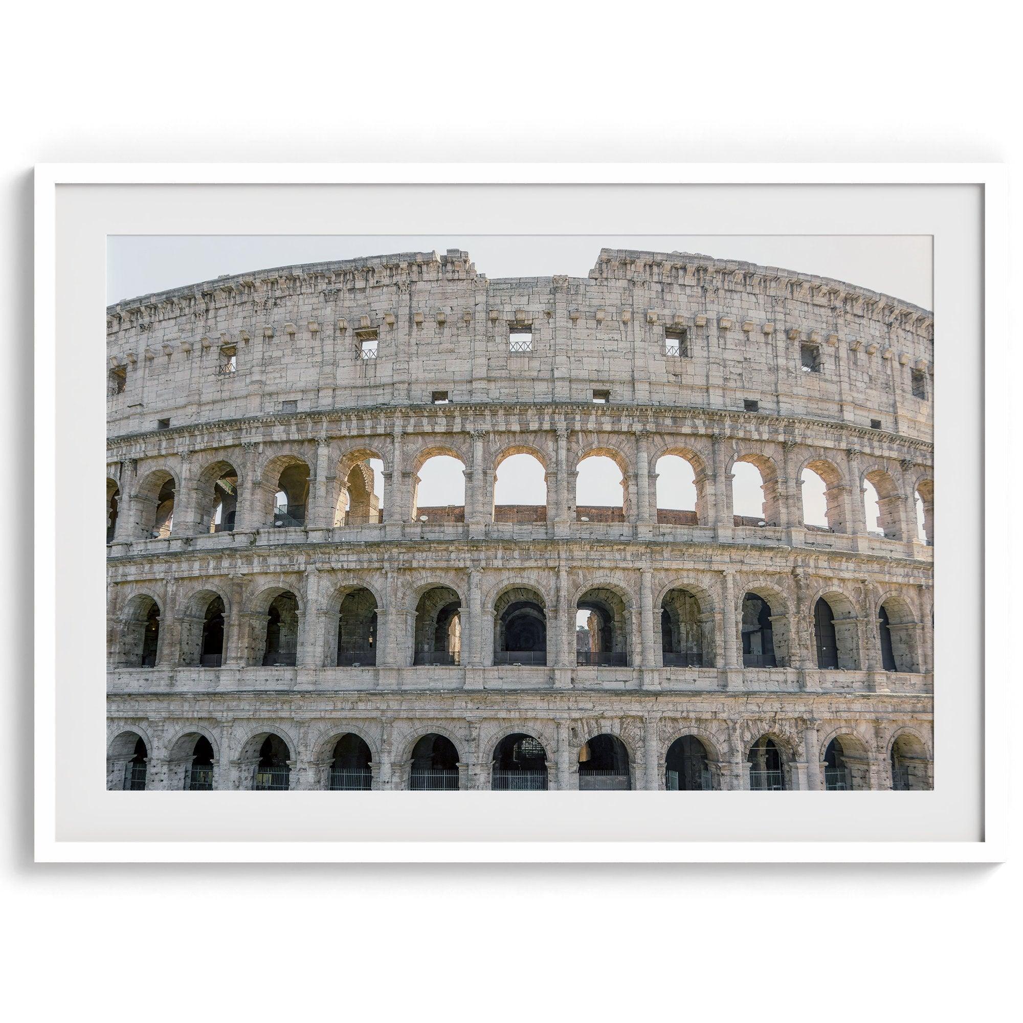 A fine art photography print showing a close-up photo of the Colosseum in Rome, Italy, highlighting the intricate details of its ancient architecture