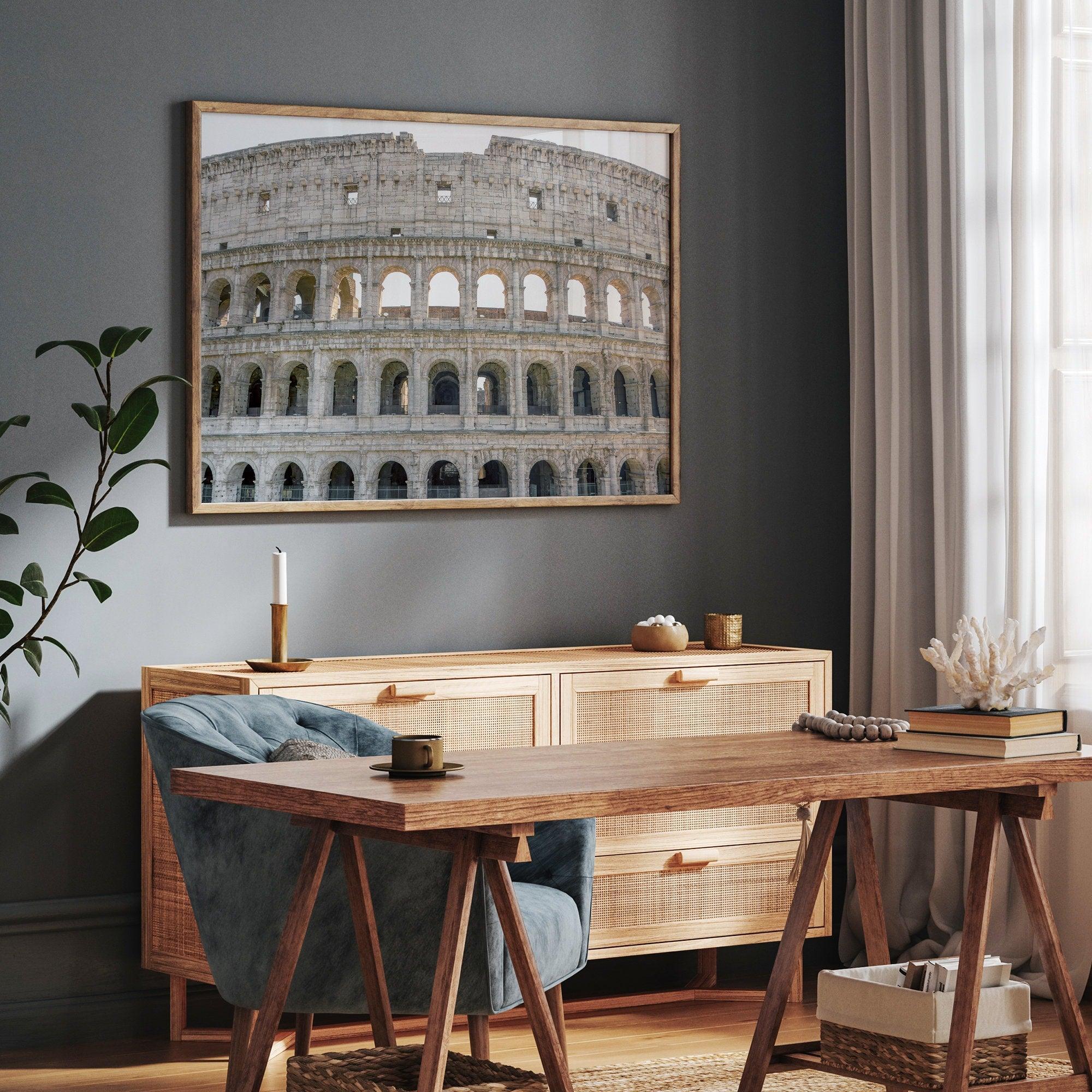 A fine art photography print showing a close-up photo of the Colosseum in Rome, Italy, highlighting the intricate details of its ancient architecture