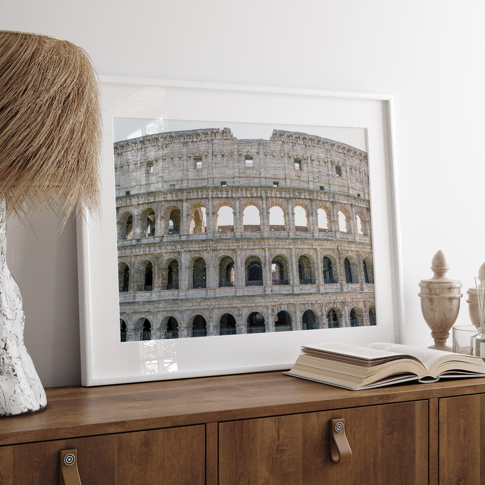 A fine art photography print showing a close-up photo of the Colosseum in Rome, Italy, highlighting the intricate details of its ancient architecture