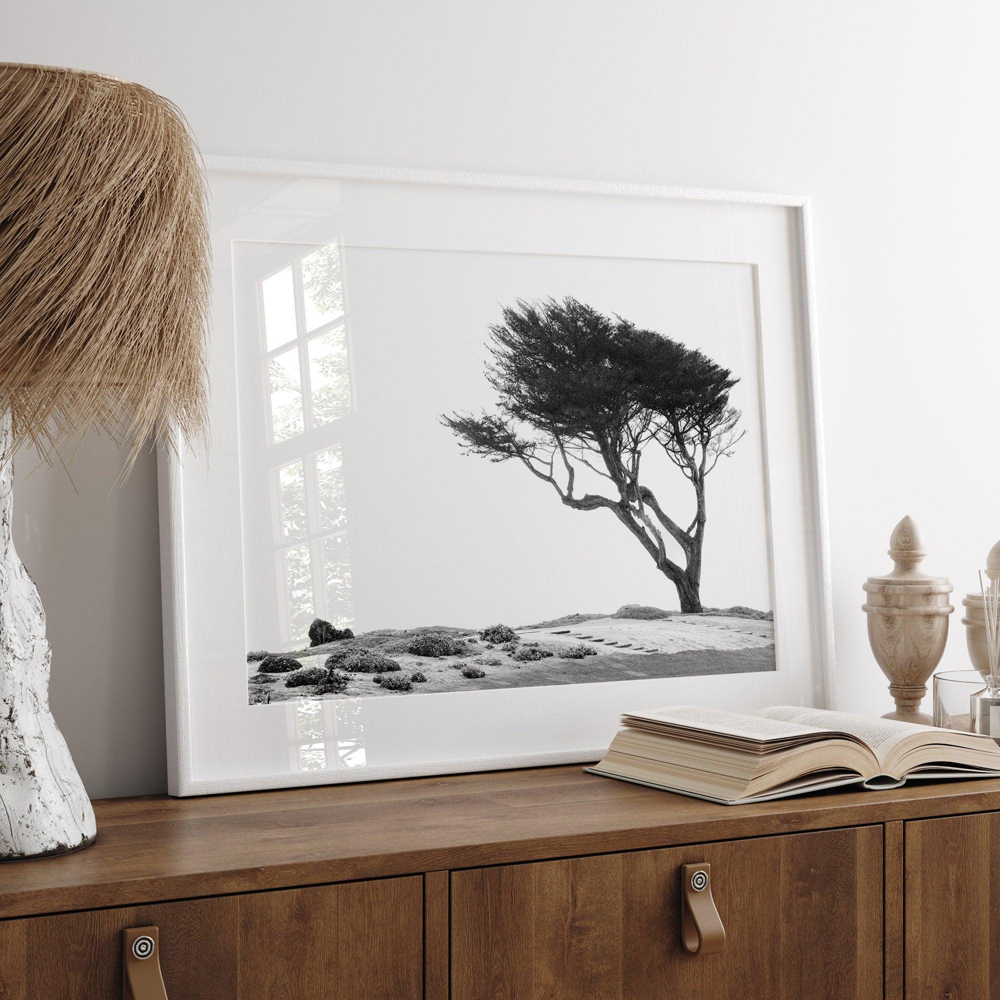 Black and white coastal print: A lone, wind-bent tree stands strong on a dramatic cliff. Weathered rocks and a white sky hint at the power of the unseen ocean