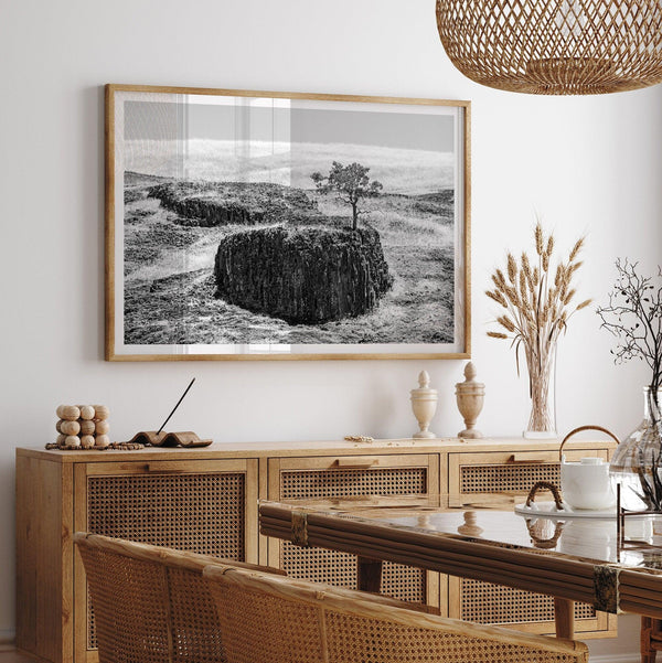 Lonely Tree Black and White Print - Framed Western Landscape Wall Art, California Nature Photography, Large Horizontal Art for Home Decor
