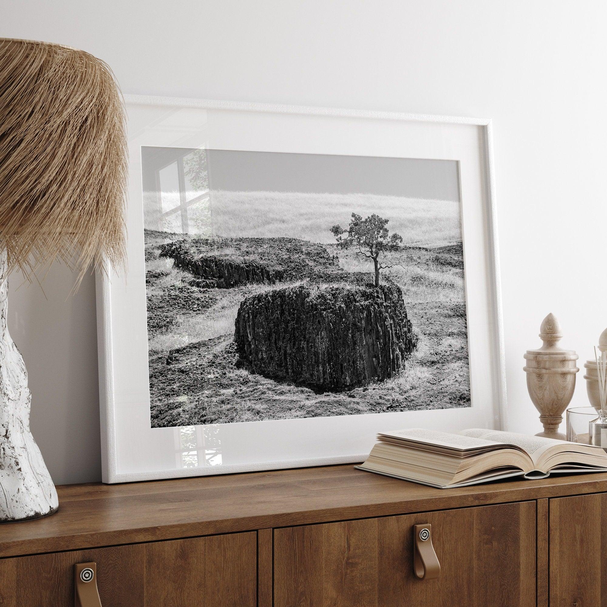 Black and white fine art photography print of a lone tree silhouetted against the sky. The tree clings to a dramatic table rock formation in the rugged landscape of Northern California.