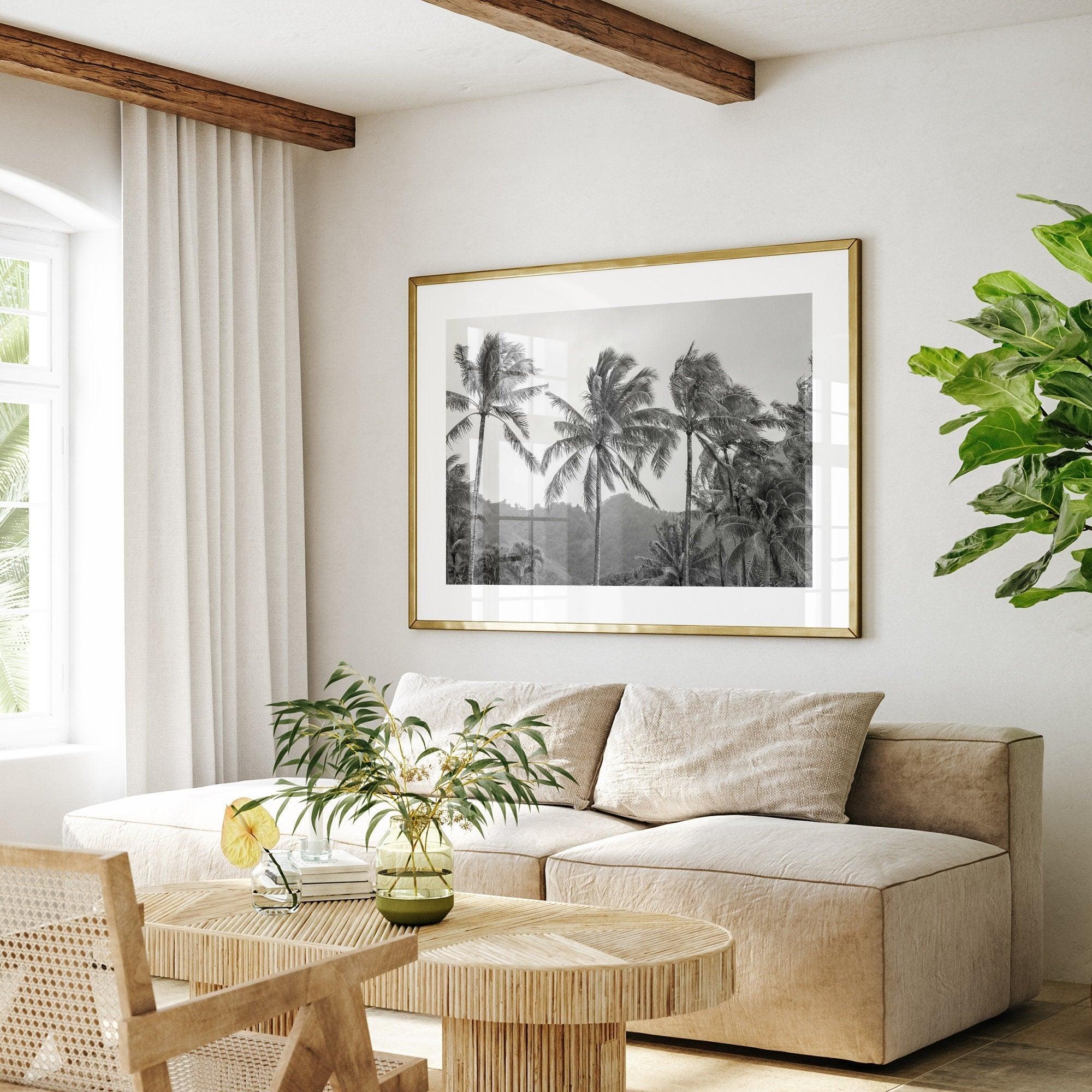 Black and white fine art photography print of towering palm trees silhouetted against tropical mountains. The scene captures the dramatic beauty of Tunnels Beach, Kauai, Hawaii.