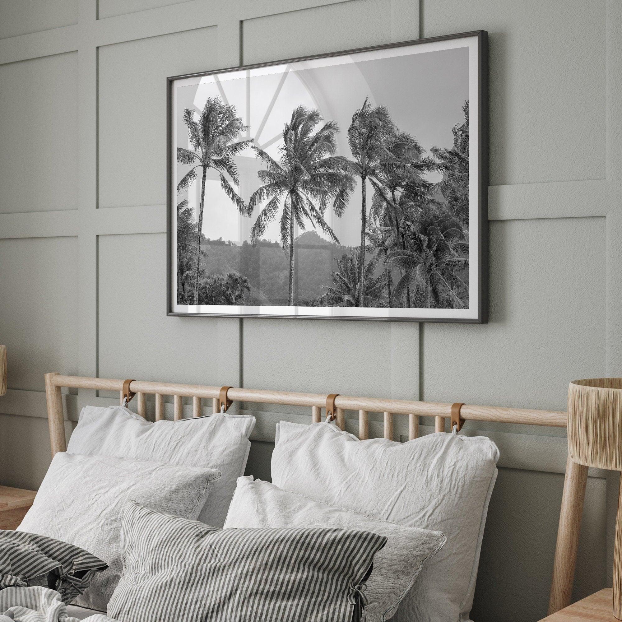 Black and white fine art photography print of towering palm trees silhouetted against tropical mountains. The scene captures the dramatic beauty of Tunnels Beach, Kauai, Hawaii.